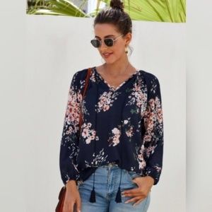 Blue Floral Print Peasant Blouse